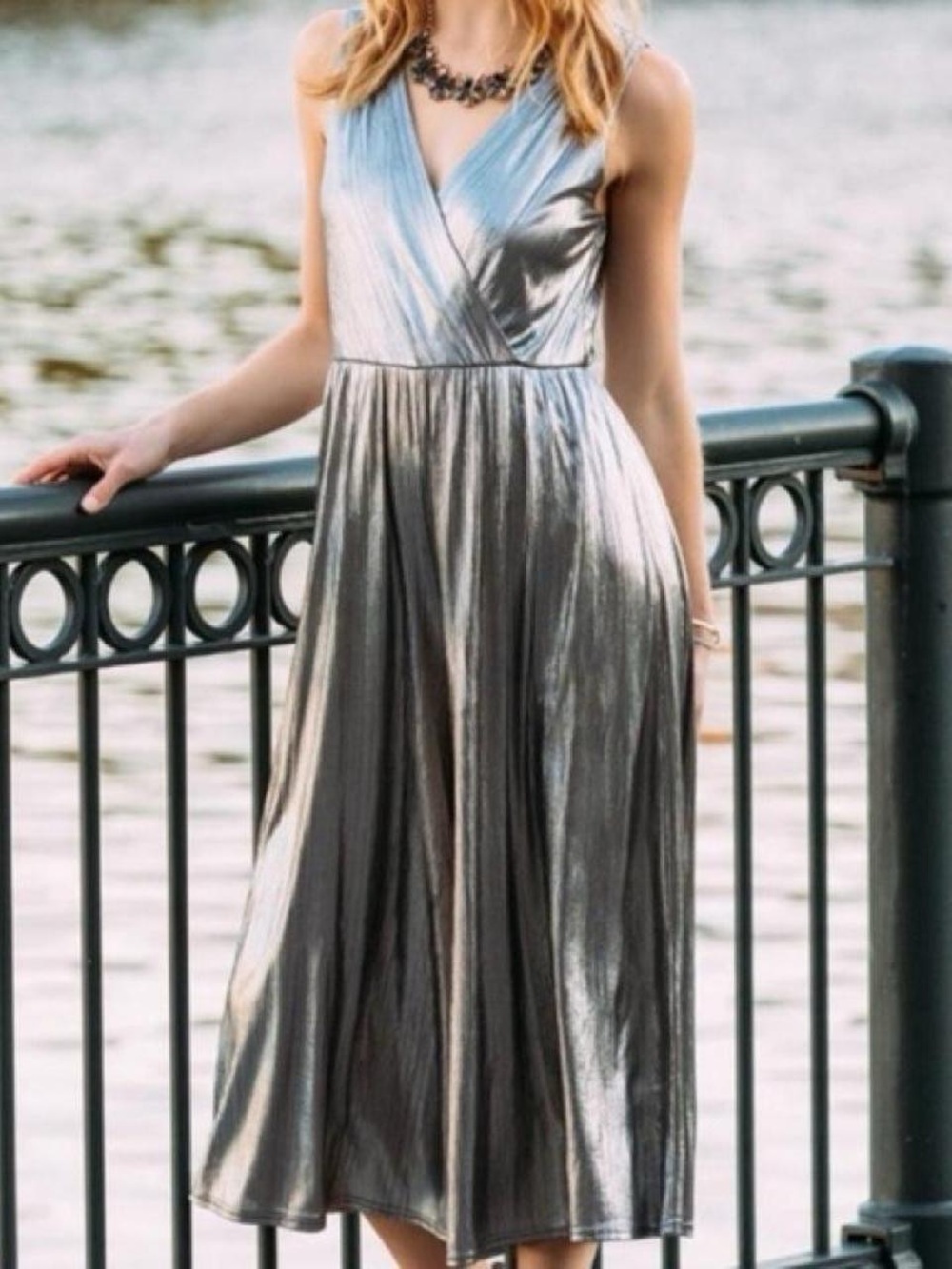 Francesca's Collections Metallic Silver Sleeveless Midi Jumpsuit